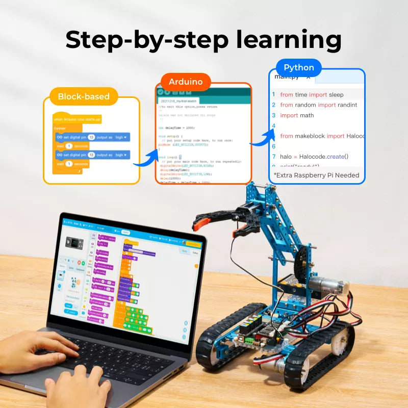 Coding robot for kids to learn programming step by step from block-based to text-based